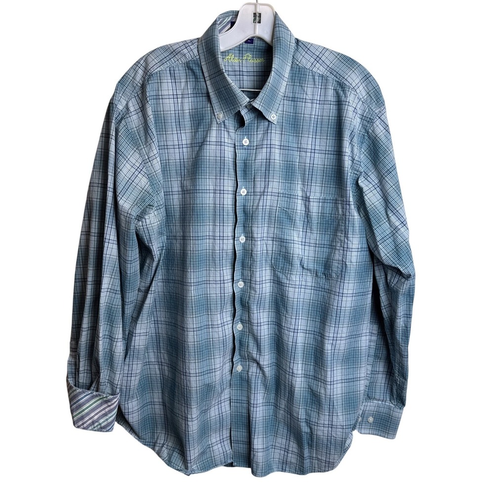 Alan Flusser Plaid Button Down Shirt Mens‎ XL Blue Green 100% Cotton Long Sleeve